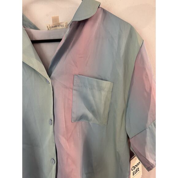 NWD Open Edit Rainbow Satin Short Sleeve Button Front Cropped PJ Top Size XS - Picture 3 of 5